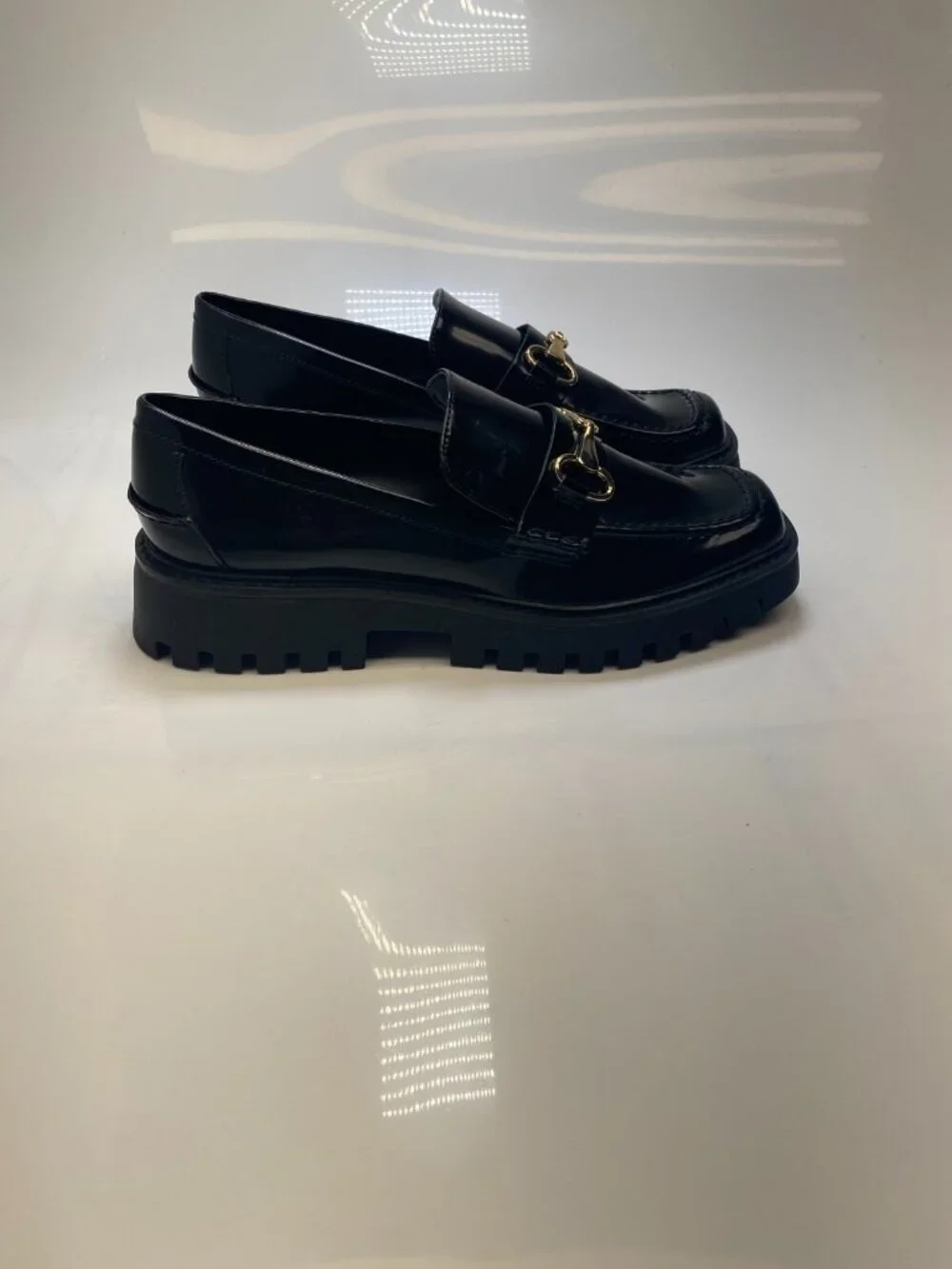 Open Edit Women's Black Lug Patent Leather Gold Hardware Loafer Sz 9m